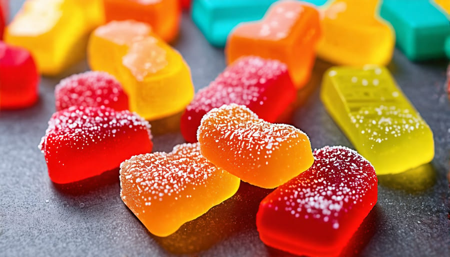 Assorted colorful THC gummies on display