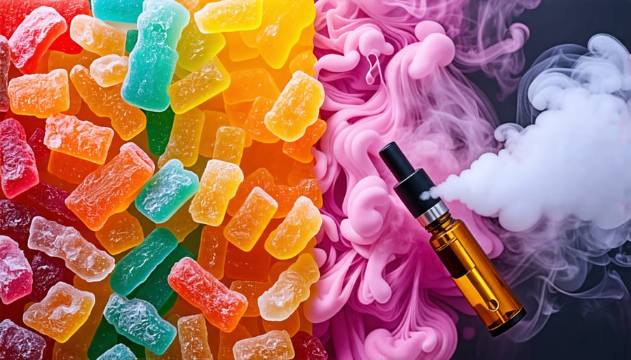 A split visual showcasing colorful THC gummies alongside a vape pen releasing vapor, symbolizing the decision between cannabinoid edibles and vaping methods.