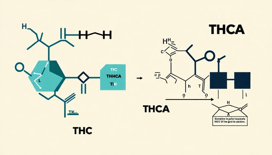 Chemical structures highlighting the differences between THCA and THC molecules