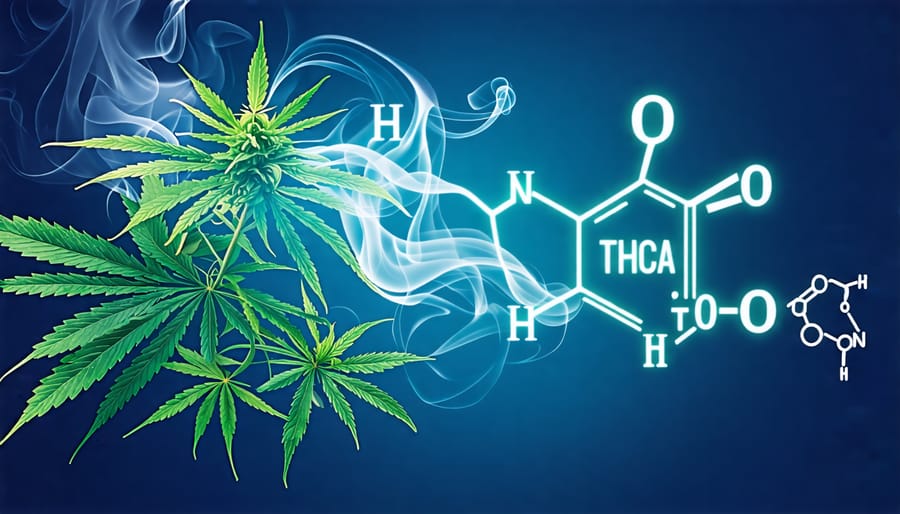 A conceptual illustration depicting the non-psychoactive benefits of THCA vaping, featuring a stylized cannabis plant with vapor clouds and abstract THCA chemical structures.